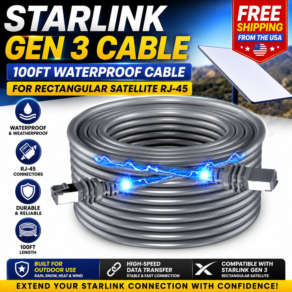 Starlink Gen 3 Cable 100FT Waterproof Cable for Rectangular Satellite RJ-45
